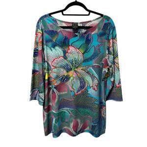 Clara Sun Woo Blue Multicolor Mosaic Print 3/4 Sleeve Tunic Top Womens XL